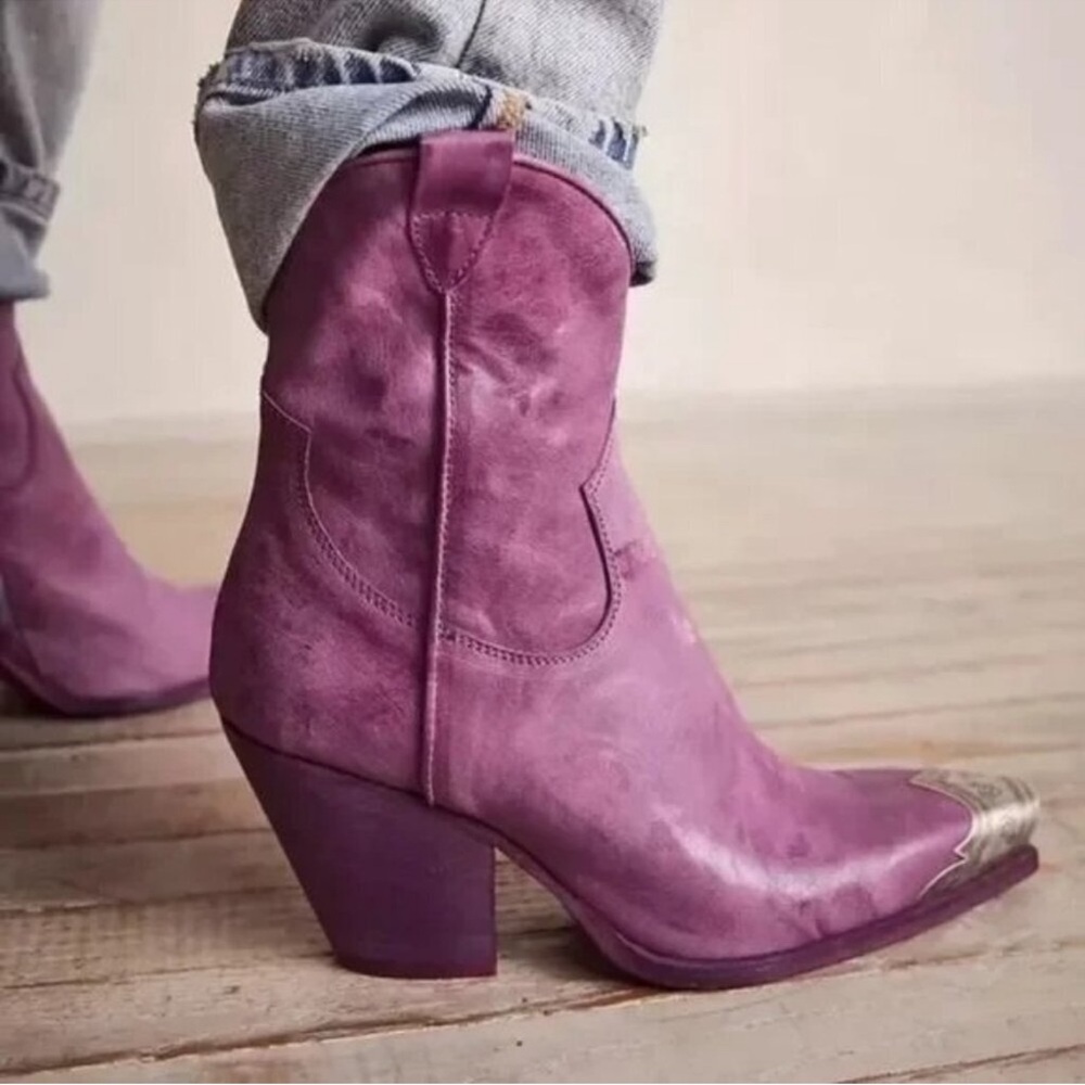 Free People Braden Purple Western Leather Ankle Boots Size 36.5 (6.5)